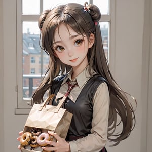 donutgirl, 1girl, solo, long hair, looking at viewer, smile, skirt, simple background, brown hair, brown eyes, jewelry, ponytail, food, necklace, bag, eating, black background, :t, doughnut, paper bag