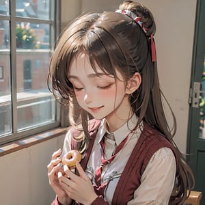 donutgirl, 1girl, solo, long hair, blush, smile, open mouth, brown hair, jewelry, sitting, closed eyes, ponytail, necklace, cardigan, own hands together, facing viewer. ^_^