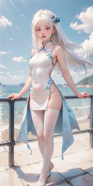 1girl,solo,medium breasts,red eyes, 
china dress,bare legs, bare arms,
standing, seaside,blue sky, no_panties,sideless,facing viewer, white hair, long hair,White Pantyhose,baisixuegao