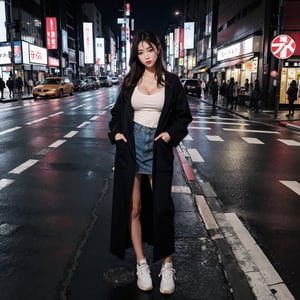 ((full body)), masterpiece,Raw photo, best quality, Highres, absurdres, photo realistic, detailed face, oversized clothes,big breasts, Tokyo street, nightview,ground, looking at viewer, depth of field