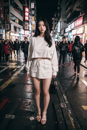 full body,Raw photo, best quality, Highres, absurdres, photo realistic, detailed face, oversized clothes,big breasts, hongkong street, nightview,ground, looking at viewer, depth of field