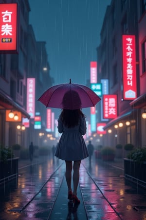 1girl walking on street,raining,neon light,beautiful