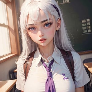 1girl, solo, girl with a pretty face, white hair, purple eyes,(((sexy school uniform))), wearing a stylish very sexy school uniform, with a funny expression on her face  