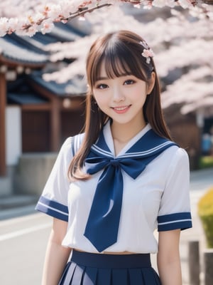 (best quality,  masterpiece,  photorealistic,  8k,  highres),  18age Japanese pure pretty girl, cute large double eyes,  black straight long hair, flat bangs, wear Japanese navy blue white edge line sailor  fuku , neck tie, front of school gate , cherry blossom, spring warm day,(angle from upper waist shot,looking at viewer), (happiness smiling:1.3),detailmaster2,xxmixgirl