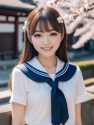 (best quality,  masterpiece,  photorealistic,  8k,  highres),  18age Japanese pure pretty girl, cute large double eyes,  black straight long hair, flat bangs, wear Japanese navy blue white edge line sailor  fuku , neck tie, front of school gate , cherry blossom, spring warm day,(angle from upper waist shot,looking at viewer), (happiness smiling:1.3),detailmaster2,xxmixgirl