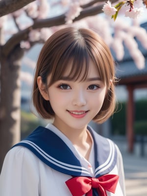 (best quality,  masterpiece,  photorealistic,  8k,  highres),  18age Japanese pure pretty girl, cute large double eyes,  light brown short hair, swept bangs, wear Japanese navy blue white edge line sailor  fuku , red ribbon nech tie, front of school gate , cherry blossom, spring warm day,(angle from upper waist shot,looking at viewer), (happiness smiling:1.3),detailmaster2,xxmixgirl