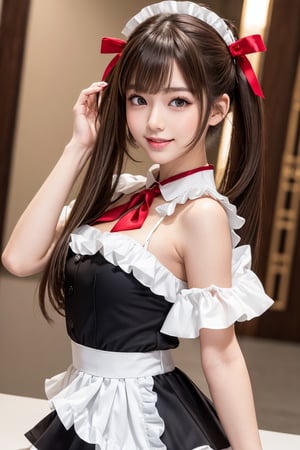 (masterpiece,  best quality:1.3) highres,  8k,  photorealistic,  1 girl hyper pretty girl, small face, clear sharp photo,( full body shot),a Japanese young pretty girl, with a big smile, wear a white frilled headband, (white black line, frilled made clothes), (black white linen frilled micro mini skirt), Japanese made costume), glamorous body (large breasts cleavage), glossy lips, double eyelids in both eyes,  Natural makeup,  long eyelashes,  shiny light brown hair of long (high-twin-tail style hair), flat bangs, (red ribbon  neck tie),8K high-resolution,  high detail,  detailed hairstyle,  Detailed Face,  in Japanese made caffe, a front of table spread both hands welcome pose ,blurry_light_background