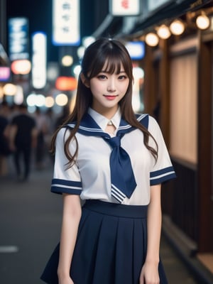 (best quality,  masterpiece,  photorealistic,  8k,  highres),  27age Japanese beauty sexy woman beauty large double eyes,  black straight long hair, flat bangs, wear Japanese navy blue white edge line sailor  fuku , neck tie,angle from upper waist shot at Tokyo city, bright street torch , in midnight (smile looking at viewer:1.2)