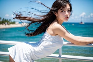 (masterpiece, Best Quality, Photorealistic, detaileds:1.3), Japanese J-pop attractive young cute  20's solo, detailed eyes, detailed skin, poses for photo, Photorealistic perfect body, (shiny long  hair style), slim body,(wearing a see-through pure white one-piece mini-skirt dress), take a gravurephoto, at beach, looking at viewers, (touch hair), (from side view) blow wind floating hair, beach