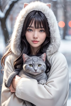 masterpiece,  best quality,  photorealistic,  8k raw photo),  (adult beauty Japanese woman),  highest detailed,  ficus face perfect eyes,  light brown black wavy hair, swept bangs,  wear white fur hood coat, looks very cold, (hug cute gray cat, she looks at cat, happiness face), snowing day, 
,blurry_light_background,Realism