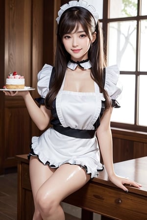 (masterpiece,  best quality:1.3) highres,  8k,  photorealistic,  1 girl per 1 photo,  full body shot,  directly front view,  a Japanese young pretty woman,  wearing a short sleeve satin silky black cute maid costume in the cafe with a big smile,  wearing a white frilled headband,  frilled mini-skirt,  a white frilled apron,  a black choker,  glamorous figure,  hyper cute face,  glossy lips,  sweaty body,  double eyelids in both eyes,  Natural makeup,  long eyelashes,  shiny smooth light brown hair of long wavy hair,  asymmetrical bangs,  tanned skin,  central image,  8K resolution,  high detail,  detailed hairstyle,  Detailed Face,  spectacular cinematic lighting,  octane rendering,  vibrant,  hyper realistic, ( carry glass cup ,cakes on dish at plate) cake on desk