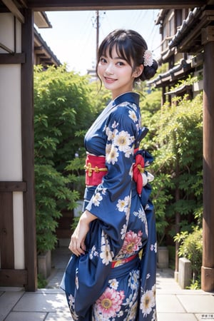 (masterpiece,  Best Quality,  Photorealistic,  detaileds:1.2), 20age beauty Japan woman poses for photo,  Photorealistic perfect body,  realistic,  (black bun hair), take Kanzashi, large double eyes, wearing flower print sky blue Kimono, (pleasure smiling), looking back me, from behind shot, first person view,(upper half of body:1.2) looking at viewer, in temple
