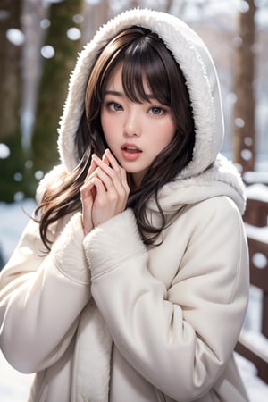 masterpiece,  best quality,  photorealistic,  8k raw photo),  (adult beauty Japanese woman),  highest detailed,  ficus face perfect eyes,  light brown black wavy hair, swept bangs,  wear white fur hood coat, looks very cold, (open mouth fold one`s hands a front of mouth), snowing day, 
,blurry_light_background,Realism