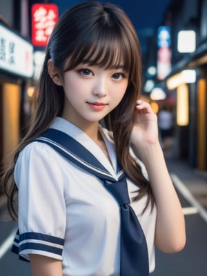 (best quality,  masterpiece,  photorealistic,  8k,  highres),  18age Japanese pure pretty girl, cute large double eyes,  black straight long hair, flat bangs, wear Japanese navy blue white edge line sailor  fuku , neck tie,angle from upper waist shot at Tokyo city, bright street torch , in midnight (smile looking at viewer:1.2)