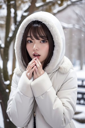 masterpiece,  best quality,  photorealistic,  8k raw photo),  (adult beauty Japanese woman),  highest detailed,  ficus face perfect eyes,  light brown black wavy hair, swept bangs,  wear white fur hood coat, looks very cold, (open mouth, fold one`s hands a front of mouth), snowing day, focus face
,blurry_light_background,