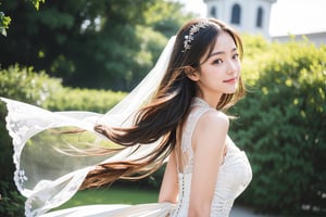 1 girl Japanese 18 years old, charming cute girl,  (highest quality:1.3)、(realistic:1.15)、raw photo,  unity、8k wearing a pure white lace gorgeous wedding dress, slim body cleavage(super detailed:1.2)、(High resolution:1.2)、super detaile, (finely:1.25)、perfect anatomy、perfect proportions ,long hair, happiness eyes, (looking at viewers happiness facial), (closed mouth), little smile slim face,  highly detailed face, fine eyes, (white and beautiful skin),  (standing angle from side view), at white church
,wedding dress,1girl, blow soft wind, floating hair (upper waist photo)