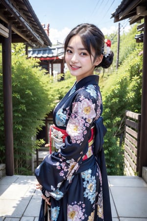  (masterpiece,  Best Quality,  Photorealistic,  detaileds:1.2), 20age beauty Japan woman poses for photo,  Photorealistic perfect body,  realistic,  (black bun hair), take Kanzashi, large double eyes, wearing flower print sky blue Kimono, (pleasure smiling), looking back me, from behind shot, first person view,(upper half of body:1.2) looking at viewer, in temple
