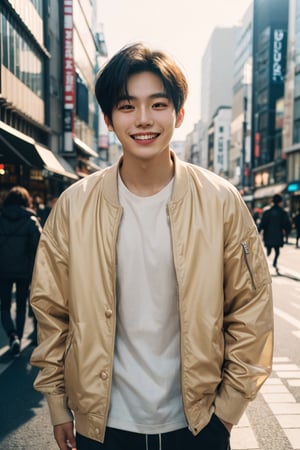 a 20 yo korean man, blonde, golden hour, soothing tones, high contrast, (natural skin texture, hyperrealism, soft light, sharp), happy emotion, smiling, white teeth, in paris, wearing jacket and  modern clothes, model figure, walking on the street of shibuya japan, clear skin texture, 