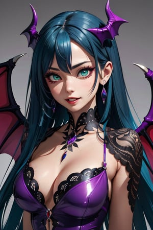 (best quality, masterpiece, colorful, dynamic angle, highest detailed)upper body photo, fashion photography of cute succubus girl, gothic, large demon red wings (high resolution textures), long green hair, (abstract art), half demon, crimson cat iris, cat eyes, vampire very long fangs, (intricate details, hyperdetailed:1.15), detailed, moonlight passing through hair, (official art, extreme detailed, highest detailed),