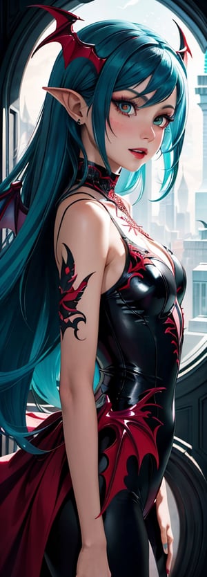 (best quality, masterpiece, colorful, dynamic angle, highest detailed)upper body photo, fashion photography of cute succubus girl, gothic, large demon red wings (high resolution textures), long green hair, (abstract art), half demon, crimson cat iris, cat eyes, vampire very long fangs, (intricate details, hyperdetailed:1.15), detailed, moonlight passing through hair, (official art, extreme detailed, highest detailed),