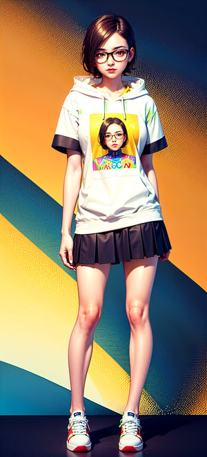 23 years old very beautiful Asian girl short hair color dye wear thick-rimmed glasses, short and small, rosy skin shiny skin Wear a hooded T-shirt Trendy Ruffled Knee Skirt cotton stockings sequined canvas sneakers Perfect anatomy, the golden ratio (masterpiece, top quality, extreme), colorful pastel swirl background