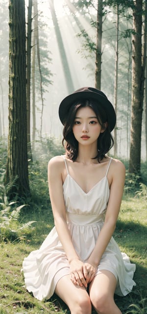 a girl in an epiphanically white dress, sitting on the grass in the forest in a hat, the sun rays, a square hairstyle, pink-black hair gradient,