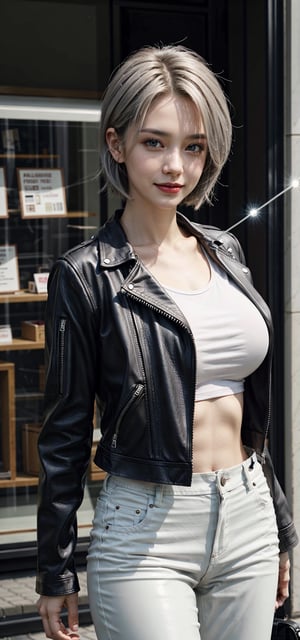 Beautiful Ukrainian model, happy face, (cinematic lighting:1.4), (high quality) cute, piercing white eyes, pointed face, very detailed, short straight gray hair, on the street at the shop windows, in the afternoon, enjoying, in a leather jacket, white T-shirt and leather pants, big breasts, chest size 4, slim figure, perfect eyes, 