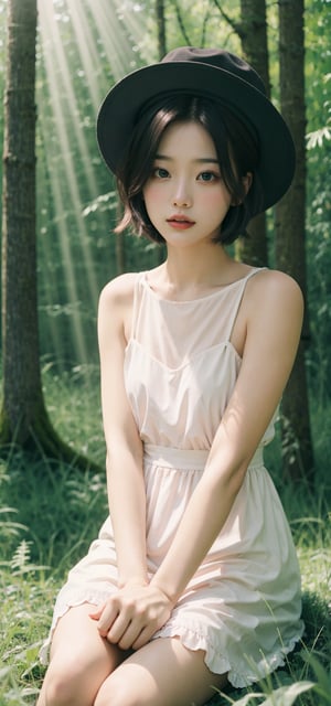 a girl in an epiphanically white dress, sitting on the grass in the forest in a hat, the sun rays, a square hairstyle, pink-black hair gradient,