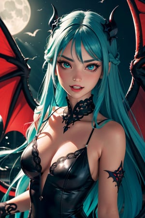 (best quality, masterpiece, colorful, dynamic angle, highest detailed)upper body photo, fashion photography of cute succubus girl, gothic, large demon red wings (high resolution textures), long green hair, (abstract art), half demon, crimson cat iris, cat eyes, vampire very long fangs, (intricate details, hyperdetailed:1.15), detailed, moonlight passing through hair, (official art, extreme detailed, highest detailed),