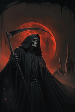 Highly detailed, High Quality, Masterpiece, An illustration, bestquality, best aesthetic, digital painting, ((oil painting)), (close-up upper body:1.5), [: The Grim Reaper, wrapped in his black cloak, raises his sinister scythe before an ancient church.  The light of the full blood moon illuminates his pale, empty face, creating an aura of mystery and awe.  The scene conveys a sense of imminence and supernatural power : 3], scary red light set, greg rutkowski