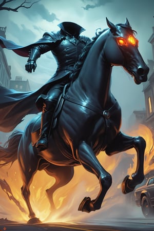 (dynamic scene, dynamic camera angle:1.4), [[:(best hand features, perfectly defined fingers, fingers aligned) : 0.23] :: 0.75], [: ((headless:1.3) horseman driver, driving a [demonic horse : jet : 0.23]:1.5) : 1], 2.5D digital art, graphic_art, (League_of _Legends artwork style), semi-realistic, perfect composition, digital oil painting style, cold light, (detailed background), artwork_\(digital\), monster