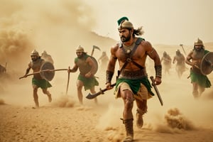Thrill-themed cinematic film still of a((manchurian male in barbarian cloth and cap holding axe, toned body)) army group running fast left the persian castle to desert sand, among green smoke and haze and explosions, chest to up, from center view, cinemascope, highly detailed ,more detail XL,HellAI.