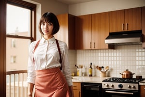 (dynamic camera),photo RAW,(hips to up:1.2) a playfull girl with bob hair, asymmetric_bangs, young, make up, perfect body, proportional body wearing maid ornate apron and collared shirt and pencil skirt is
Cooking meals to kitchen. at hotel room. Realistic, realism, hd, 35mm photograph, 8k), masterpiece, award winning photography, natural light, perfect composition, high detail.