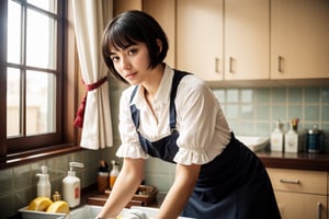 (dynamic camera),photo RAW,(hips to up:1.2) a playfull girl with bob hair, asymmetric_bangs, young, make up, perfect body, proportional body wearing maid ornate apron and collared shirt and pencil skirt is
Washing clothes. at hotel room. Realistic, realism, hd, 35mm photograph, 8k), masterpiece, award winning photography, natural light, perfect composition, high detail.