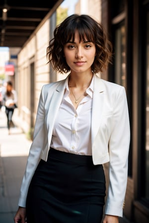 (dynamic camera),photo RAW,(close up:1.2) a pretty girl with short wavy hair, asymmetrical bangs, mature, make up, full lips, perfect body, proportional body wearing blazer and collared shirt and pencil skirt is a
Walking at town street, office. Realistic, realism, hd, 35mm photograph, 8k), masterpiece, award winning photography, natural light, perfect composition, high detail.