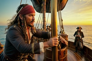 Thrill-themed cinematic film still  of  a a savage mature male pirates using periscope at board during ride a pirate ship when sunrise, torch light, from side dynamic view, cinemascope, highly detailed, more detail XL.