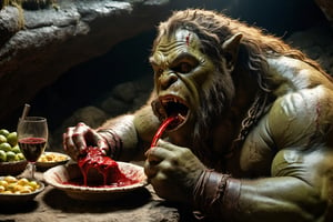 Thrill-themed cinematic film still of a big fat wild male ogre drinking human blood from the human body with his mouth during dining in a dark ogre cave, from side view, close up, ancient era, cinemascope, highly detailed ,more detail XL.,monster