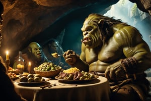Thrill-themed cinematic film still of a big fat wild male ogre eating human  with his mouth during dining in a dark ogre cave, from side view, close up, ancient era, cinemascope, highly detailed ,more detail XL.,monster