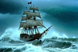 Thrill-themed cinematic film still  of  a pirate sailing boat at coast among wave under the rain, from dynamic view, cinemascope, highly detailed, more detail XL.