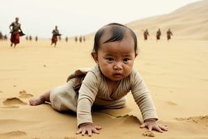 Thrill-themed cinematic film still of a (( cute crying burmese female baby in villager simple cloth)) crawling on the sand at desert among running barbarian soldiers, from side view, cinemascope, highly detailed ,more detail XL.