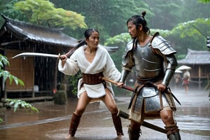 Thrill-themed cinematic film still  of  (((cute  burmese female teen in white fur cloth and armor but wet skin))) striking using big axe with a (mature japanese male with toned body in rusty armour using samurai in wet of rain) among leaves under the rain at nihon style village, from dynamic view, cinemascope, highly detailed, more detail XL.