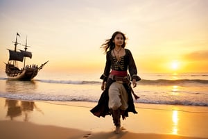 Thrill-themed cinematic film still  of  (((cute  burmese female teen in pirate cloth))) walking  with a group of savage mature male pirates at beach wave leave pirate boat when sunset, natural light,  side dynamic view, cinemascope, highly detailed, more detail XL.