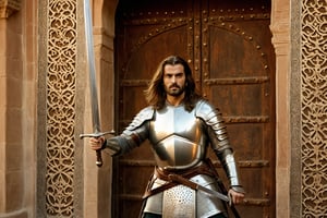 Thrill-themed cinematic film still of a (( male in rusty silver armor while waving his great sword up, toned body, pale face, long hair while ready to attack with his sword to enemy)) in front of door of a persian palace door, inside persian palace house, chest to up, from center view, cinemascope, highly detailed ,more detail XL,HellAI.
