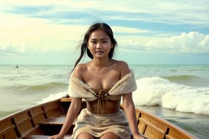 Thrill-themed cinematic film still  of  (((cute  burmese female teen in fur cloth))) ride a boat on the beach sailing to pirate sailing boat at sea, from dynamic view, cinemascope, highly detailed, more detail XL.