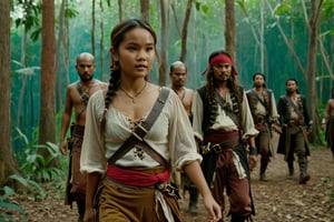 Thrill-themed cinematic film still  of  (((cute  burmese female teen in pirate cloth))) walking  with a group of savage mature male pirates at forest among trees when night, natural light,  side dynamic view, cinemascope, highly detailed, more detail XL.