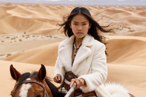 Thrill-themed cinematic film still  of  ( cute  burmese female teen in white fur cloth riding a mustang and swinging an tomahawk axe) at desert among barbarian male, close up, from cowboy view, cinemascope, highly detailed ,more detail XL.