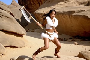 Thrill-themed cinematic film still  of  ( cute  burmese female teen in white fur cloth jumping on big rocks and swinging an tomahawk axe) at desert among barbarian male, close up, from cowboy view, cinemascope, highly detailed ,more detail XL.