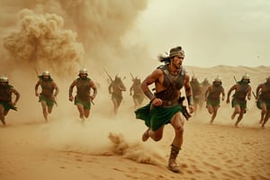 Thrill-themed cinematic film still of a((manchurian male in barbarian cloth and cap, toned body)) army group running fast left the persian castle to desert sand, among smoke and haze and explosions and clpud and green thunderstorms, chest to up, from center view, cinemascope, highly detailed ,more detail XL,HellAI.