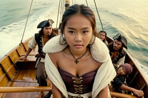 Thrill-themed cinematic film still  of  (((cute  burmese female teen in fur cloth))) talking to a group of male pirates during ride a boat on the beach sailing to pirate sailing boat at sea, from top dynamic view, cinemascope, highly detailed, more detail XL.