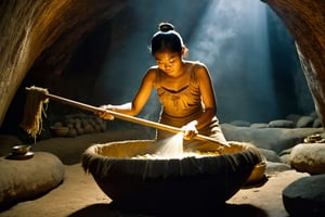 Thrill-themed cinematic film still of a (( burmese lady in simple cloth)) cleaning a cooking barel in a dark ogre cave, from below view, close up, ancient era, cinemascope, highly detailed ,more detail XL.,monster